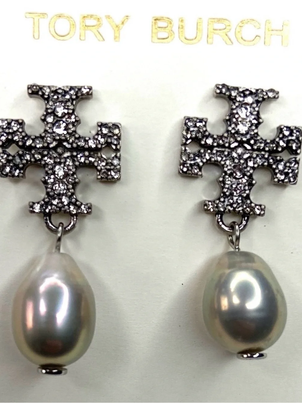 Tory Burch Silver-Tone Cross Pearl Drop Earrings